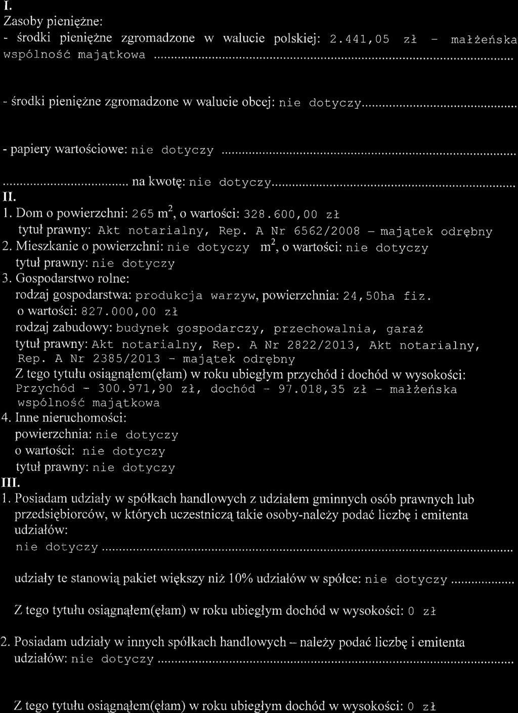I. Zasoby pieniezne: - Srodki pieniezne zgromadzone w walucie polskiej : 2. 44I, 05 zl - mal zeris ka wsp6lno6c maj4tkowa - Srodki pienipzne zgromadzone w walucie obcej: nie d.otyczy.