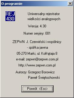 VI. Informacje o programie Okno dialogowe o tytule O programie zawiera informacje o wersji programu, numerze seryjnym, firmie i autorze programu.