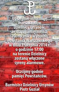 70 rocznica wybuchu Powstania Warszawskiego. Urząd Dzielnicy Ursynów informujemy mieszkańców Dzielnicy Ursynów, że dla upamiętnienia 70.