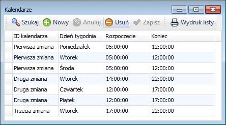 W polu Nazwa wprowadza się nazwę dodawanego typu kalendarza. Kalendarze Funkcja umożliwia definiowanie kalendarzy do wcześniej utworzonych typów.
