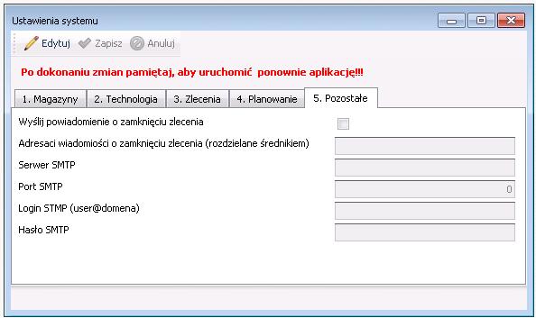 Ustawienia 4 10 Zakładka Pozostałe Rysunek 4-14: Okno Ustawienia zakładka Pozostałe Po zamknięciu zlecenia Produkcja może wysłać powiadomienie o tym fakcie drogą mailową.