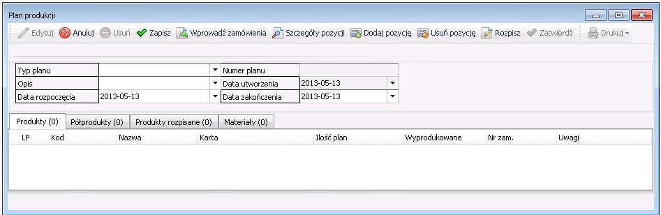Funkcje modułu Produkcja 6 12 Praca z planem produkcyjnym Aby utworzyć nowy plan produkcyjny należy wybrać kolejno kartotekę Dokumenty \ Plany \ przycisk Nowy.