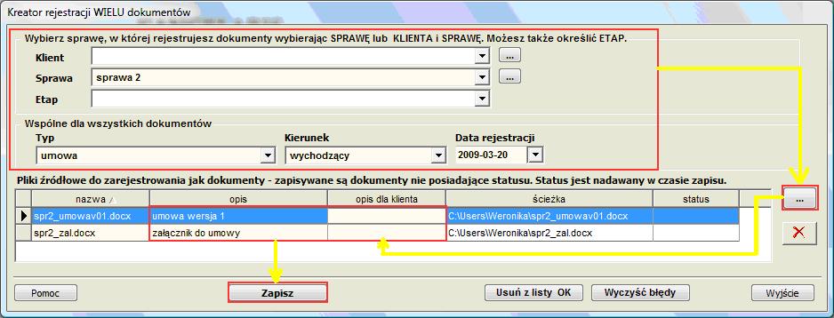 Przebieg rejestracji dokumentów wygląda następująco: 1) Wybór sprawy oraz wspólnych właściwości dokumentów (Typu (opinia/pozew/skarga), kierunku (wychodzący/przychodzący), data rejestracji).