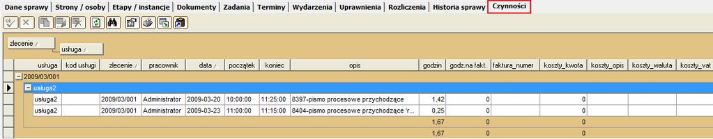 27.5. Karta [Czynności] 30 Na tej karcie można zobaczyć listę czynności zarejestrowanych w zleceniach, w których dana sprawa jest rozliczana.