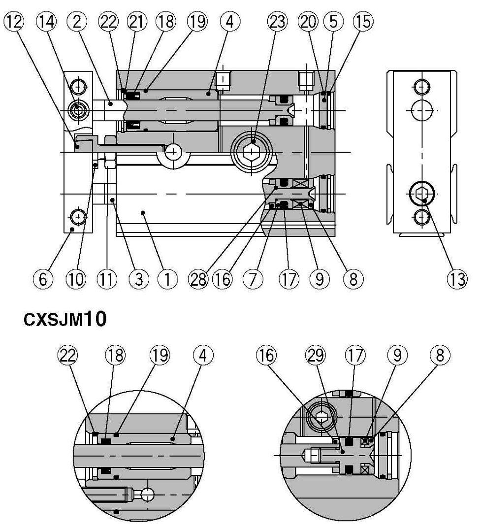 Siłowniki dwutłokowe, miniaturowe Seria CXSJ Budowa: wykonanie z przyłączami standardowymi CXSJM (prowadnice ślizgowe) CXSJL (prowadnice kulkowe) CXSJM CXSJL CXSJM0 CXSJL0 Pokrywa przednia siłownika
