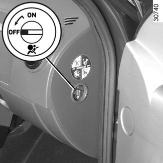 funkcja bezpieczeństwo dzieci : odłączanie-włączanie przedniej poduszki powietrznej pasażera (1/3) 2 1 Odłączanie przedniej poduszki powietrznej pasażera (zależnie od wersji pojazdu) W celu