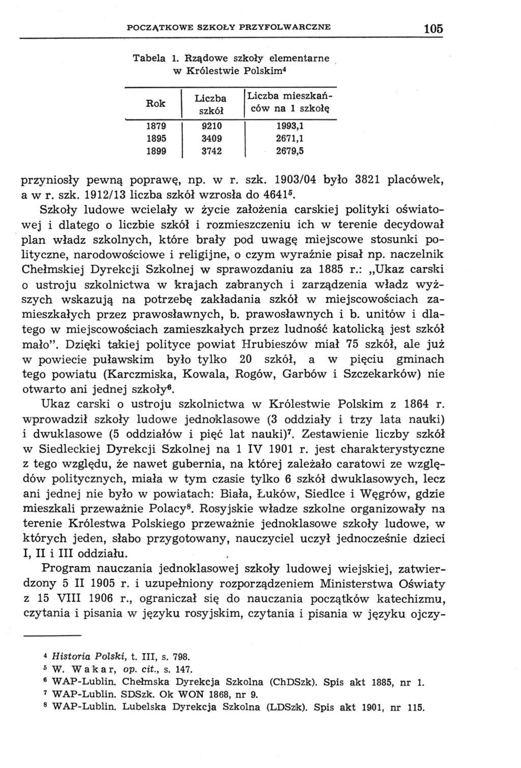 POCZĄTKOWE SZKOŁY PRZYFOLWARCZNE 105 Tabela 1.