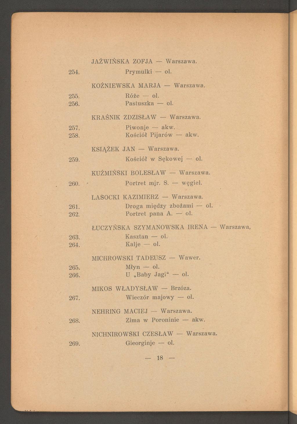 JAŹW IŃSKA ZOFJA W arszaw a. 254. Prym ulki ol. KOŹNIEWSKA M ARJA W arszaw a. 255. 256. Róże ol. Pastuszka ol. KRAŚNIK ZDZISŁAW W arszaw a. 257. 258. P iw onje akw. Kościół Pijarów akw.