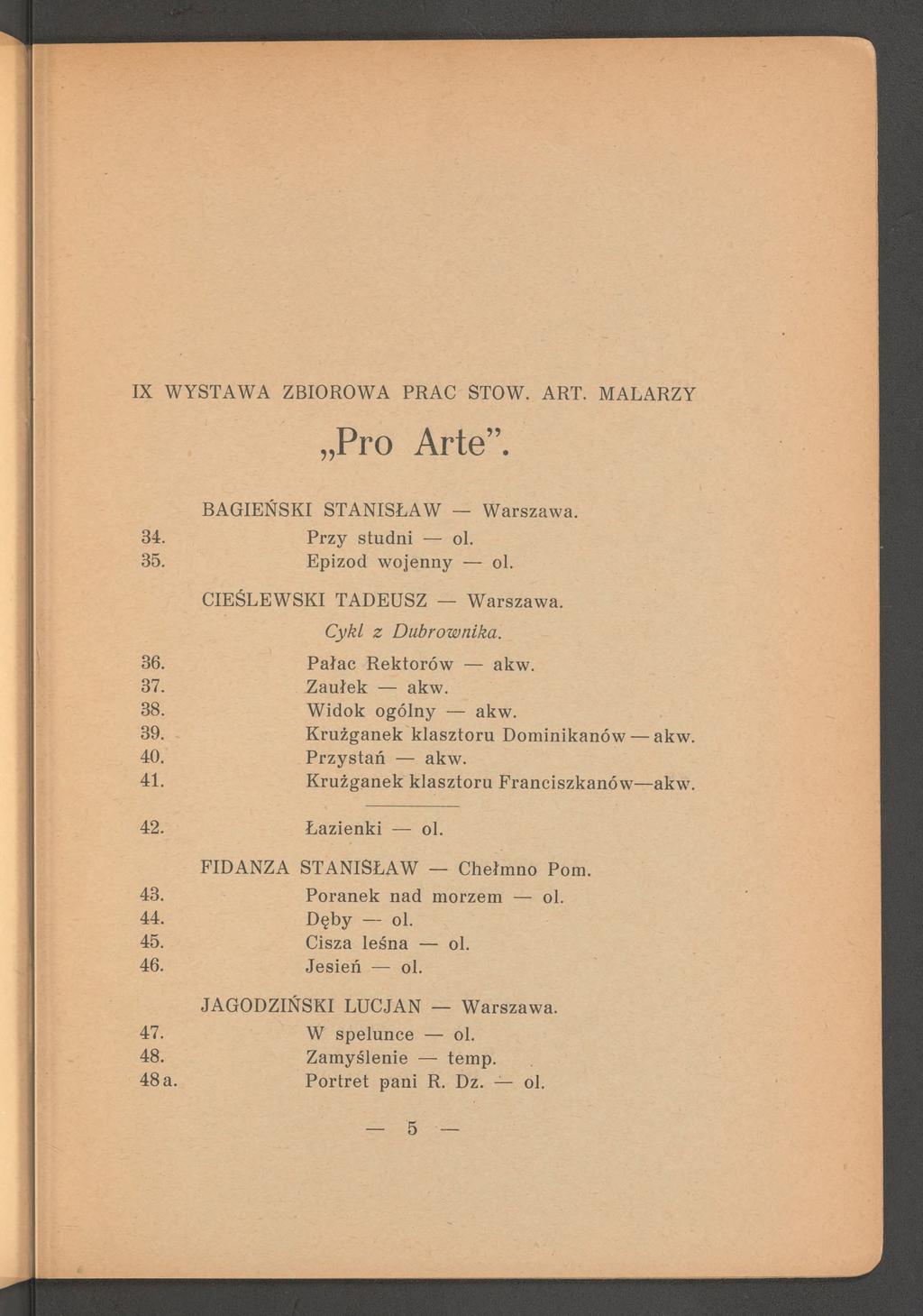 Pro Arte. BAGIEŃSKI STANISŁAW W arszaw a. 34. Przy studni ol. 35. Epizod w ojenny ol. CIEŚLEW SKI TADEUSZ W arszaw a. Cykl z D ubrow nika. 36. P a łac R ektorów akw. 37. Z aułek akw. 38.