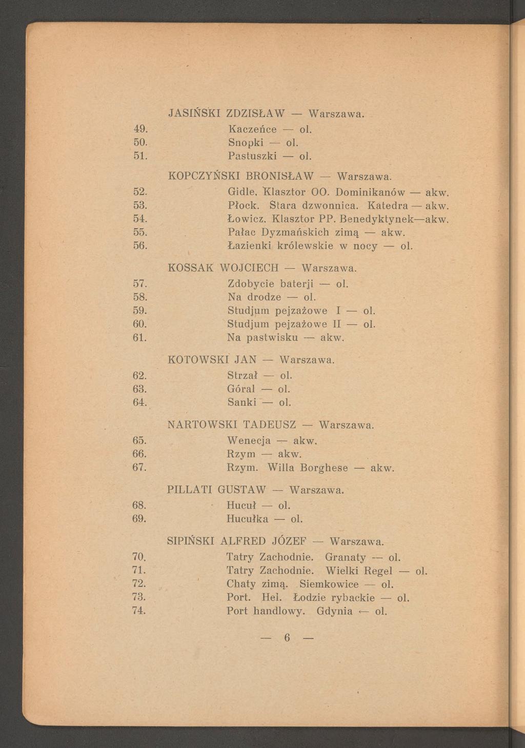 JA SIŃ SKI ZDZISŁAW W arszaw a. 49. K aczeńce ol. 50. Snopki ol. 51. P astuszki ol. KOPCZYŃSKI BRONISŁAW W arszaw a. 52. Gidle, K laszto r 0 0. D om inikanów akw 53. Płock. Stara dzwonnica.