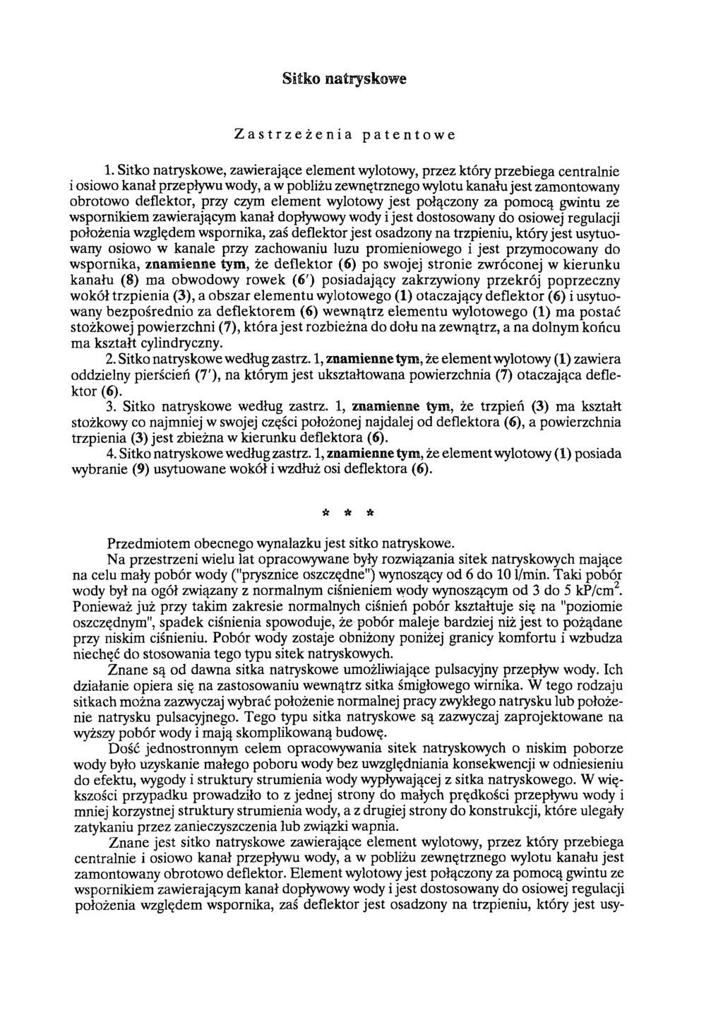 Sitko natryskowe Zastrzeżenia patentowe 1.
