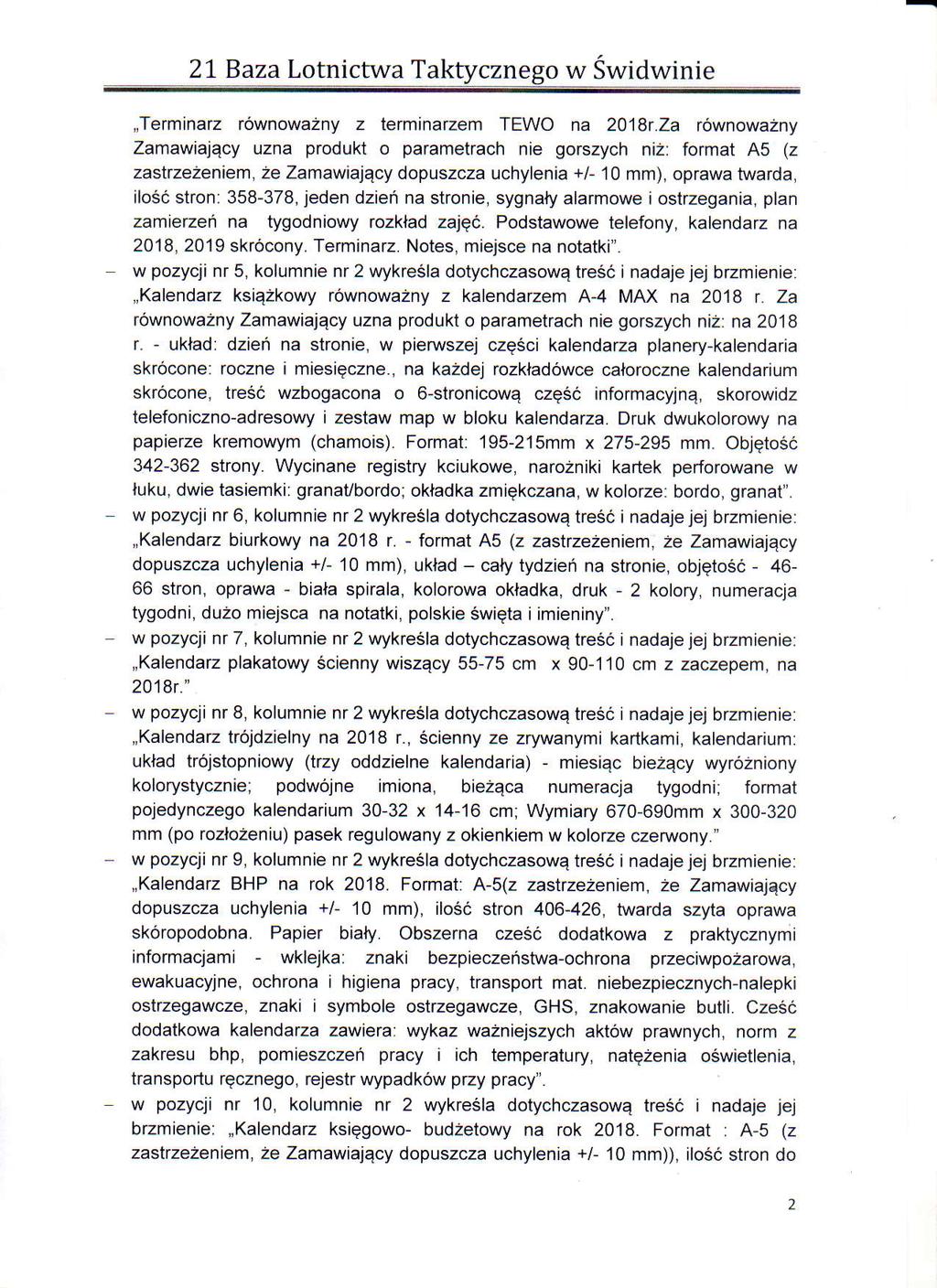 21. Baza Lotnictwa Taktycznego w Swidwinie,,Terminarz r6wnowazny z terminarzem TEWO na 2018r.