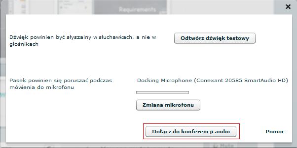 Aby dołączyć do konferencji audio należy wybrać opcję Dołącz do konferencji audio.