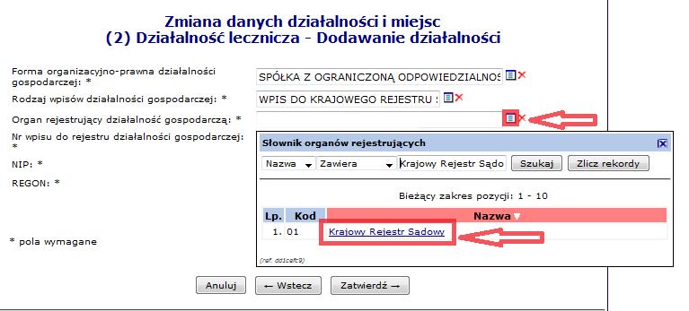 ze słownika odpowiednią formę organizacyjno-prawną podmiotu