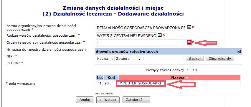 Po uzupełnieniu danych należy wybrać opcję Dalej Forma organizacyjno-prawna działalności