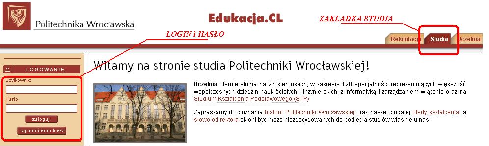 Krok 1. Logowanie do portalu Zaloguj się na stronie www.edukacja.pwr.wroc.pl podając login pwr.