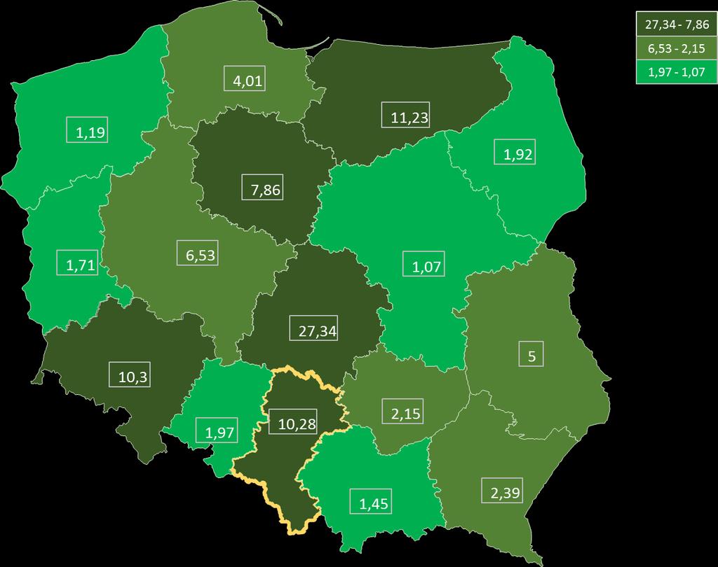 Wykres 20. Wskaźnik zgłoszonych zatruć dopalaczami na 100 tys. mieszkańców poszczególnych województw w 2014 r. Analizując wskaźnik zgłoszonych zatruć dopalaczami na 100 tys.