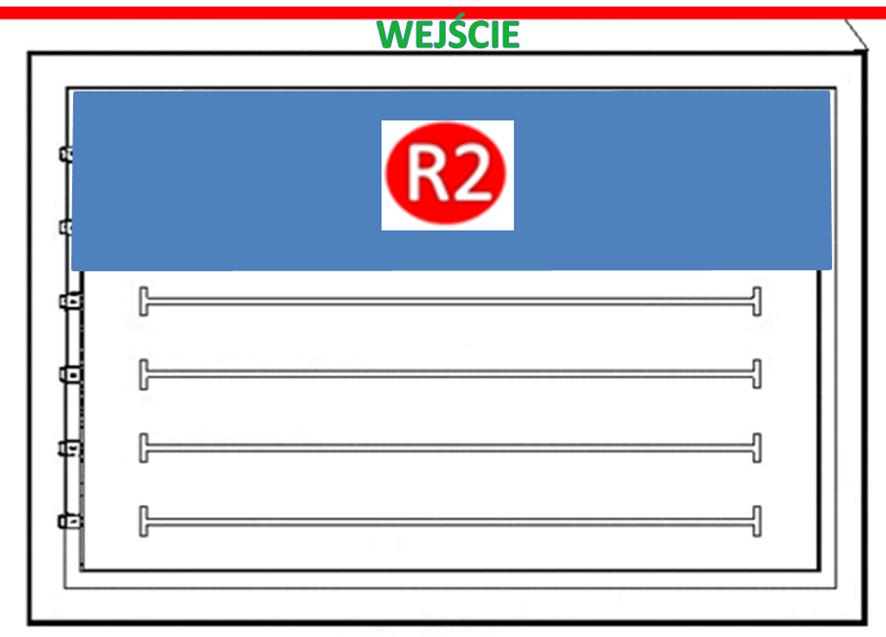Ryc. Orientacyjna granica strefy nadzoru ratownika R2 W opisywanym przypadku, propozycja stref nadzoru przypisanych ratownikom niecki basenu sportowego,