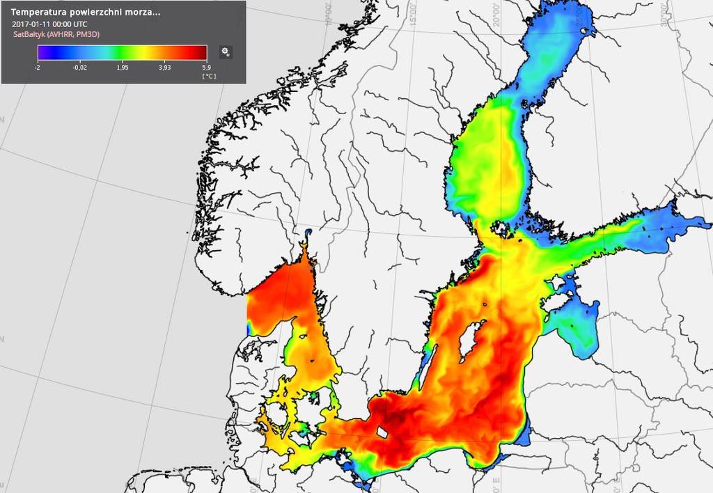 Ryc. 1. Mapa temperatury powierzchni Morza Bałtyckiego dla dnia 11.01.2017 r. (źródło: satbałtyk.pl) Ryc.