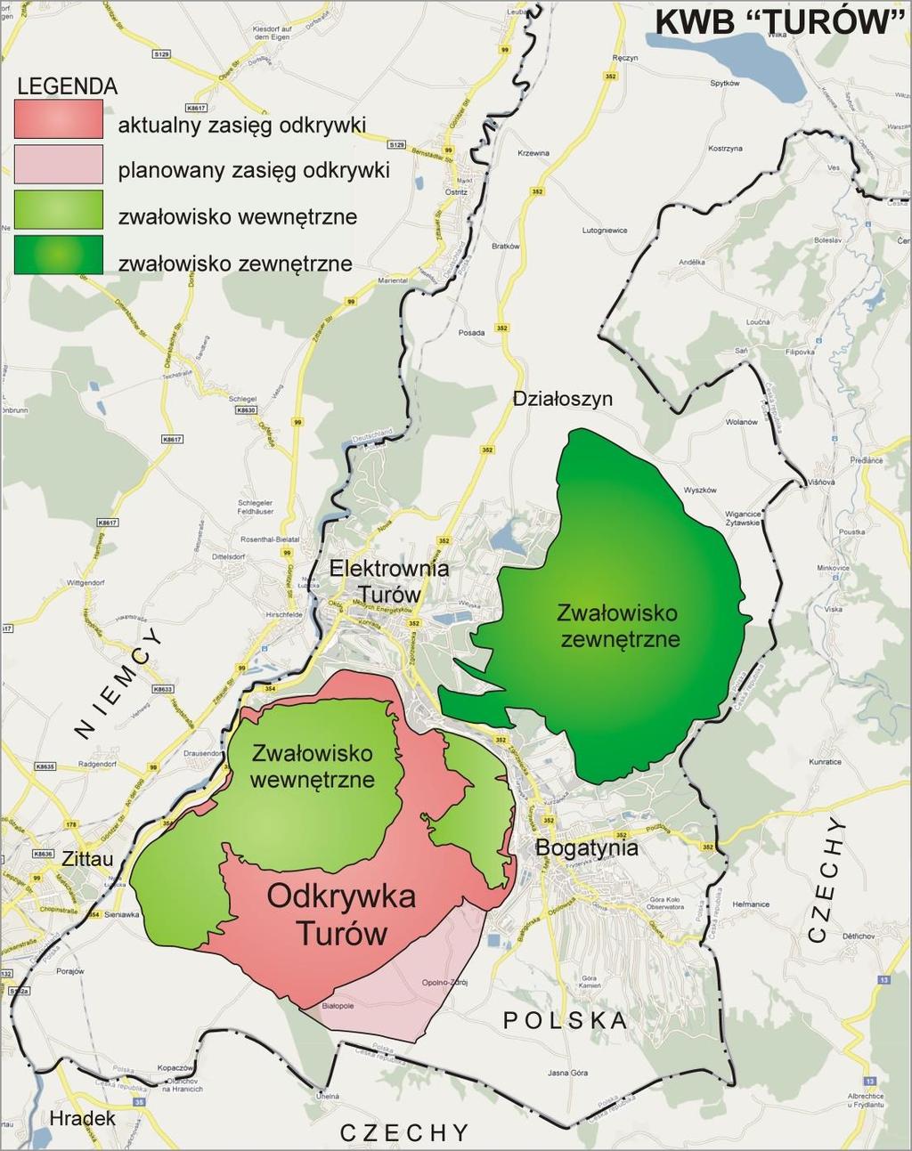 Rys. 2. Położenie kopalni w zagłębiu turoszowskim [Opracowanie własne] Stan zasobów przemysłowych i operatywnych zestawiono w tabeli 4.