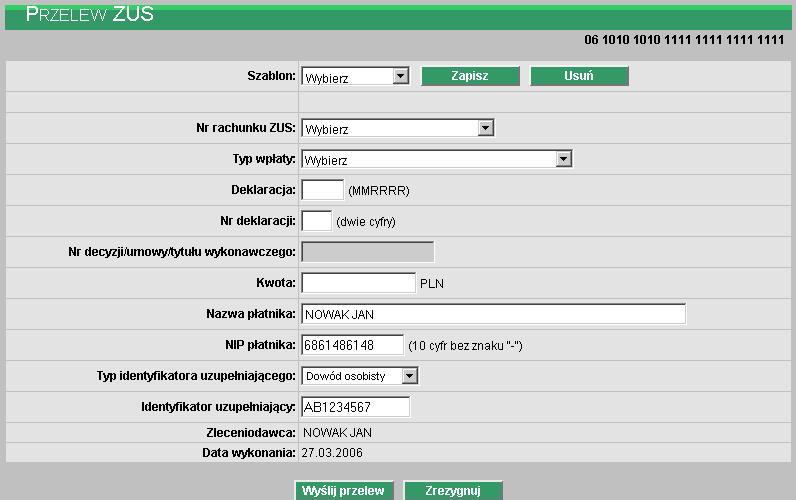 Szablon przelew ZUS tak jak i pozostałe przelewy można zapisać w postaci szablonu. Szablonów może być dowolna ilość.