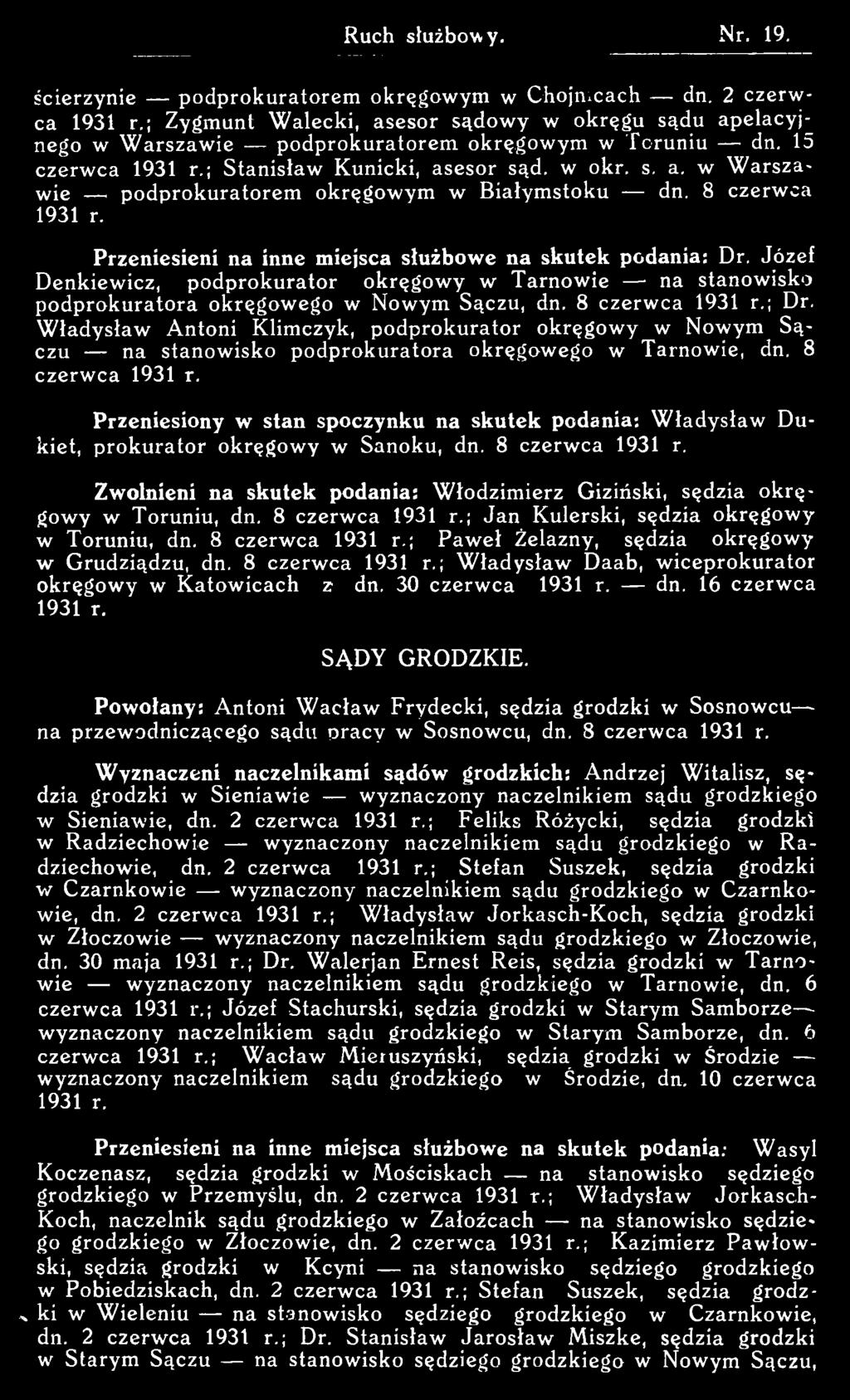 W ła d y sła w A n ton i K lim czyk, podp rokurator ok ręg ow y w N ow ym Sączu na stanow isko p odprok u ratora ok ręg ow ego w T arnow ie, dn.