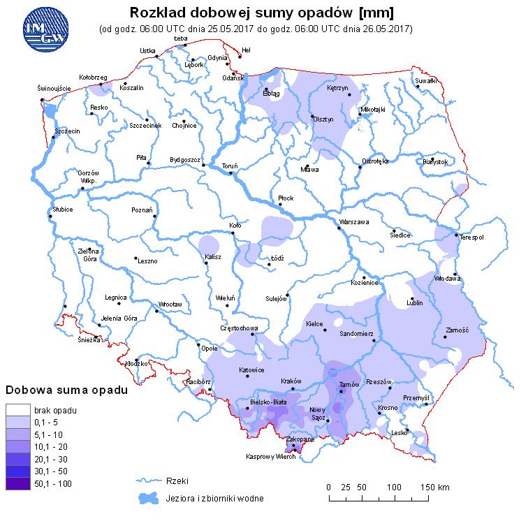 Ryc. 2. Rozkład dobowej sumy opadów Dorzecze Wisły wody w dorzeczu Wisły układa się głównie w strefie wody średniej. wysoki zanotowano lokalnie na Narwi i Pisie.