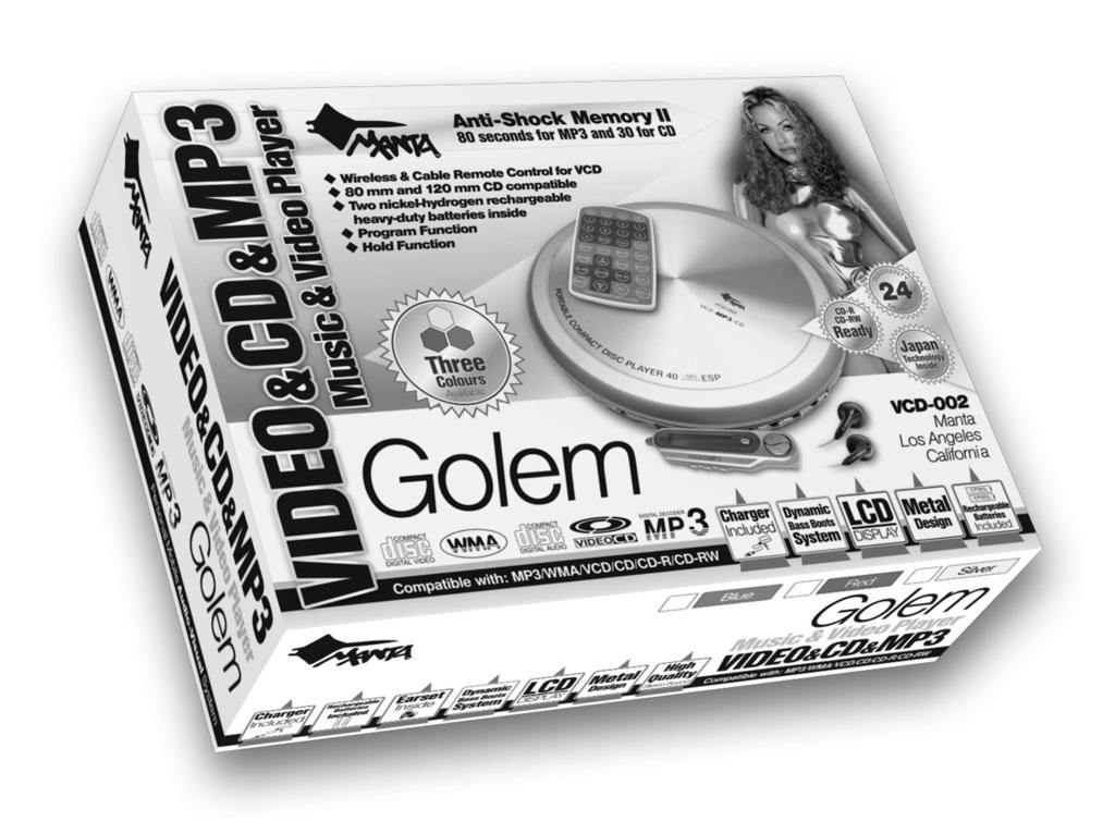 VCD-002 Golem Odtwarzacz przenośny zgodny z MP3/WMA/VCD/CD/CD-R/ CD-RW, wyposażony w system