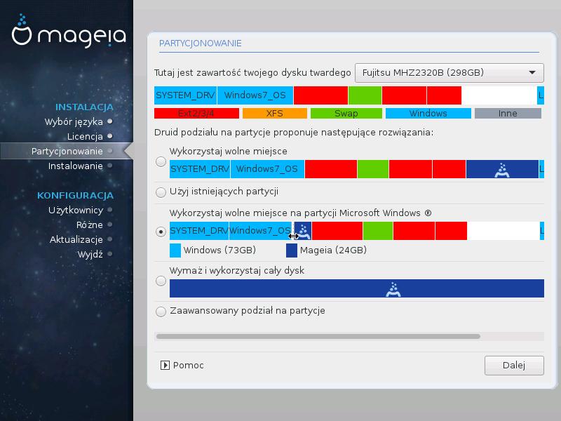Użyj istniejących partycji Jeśli dostępna jest ta opcja, oznacza to że zostały znalezione partycje linuksowe i mogą być użyte do instalacji.