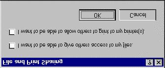 Powy*sze nale*y podaü w nastawieniach sieciowych Windows 95. Potem mo*na wspóádzieliü dysk twardy lub katalog przez podanie ich danych.