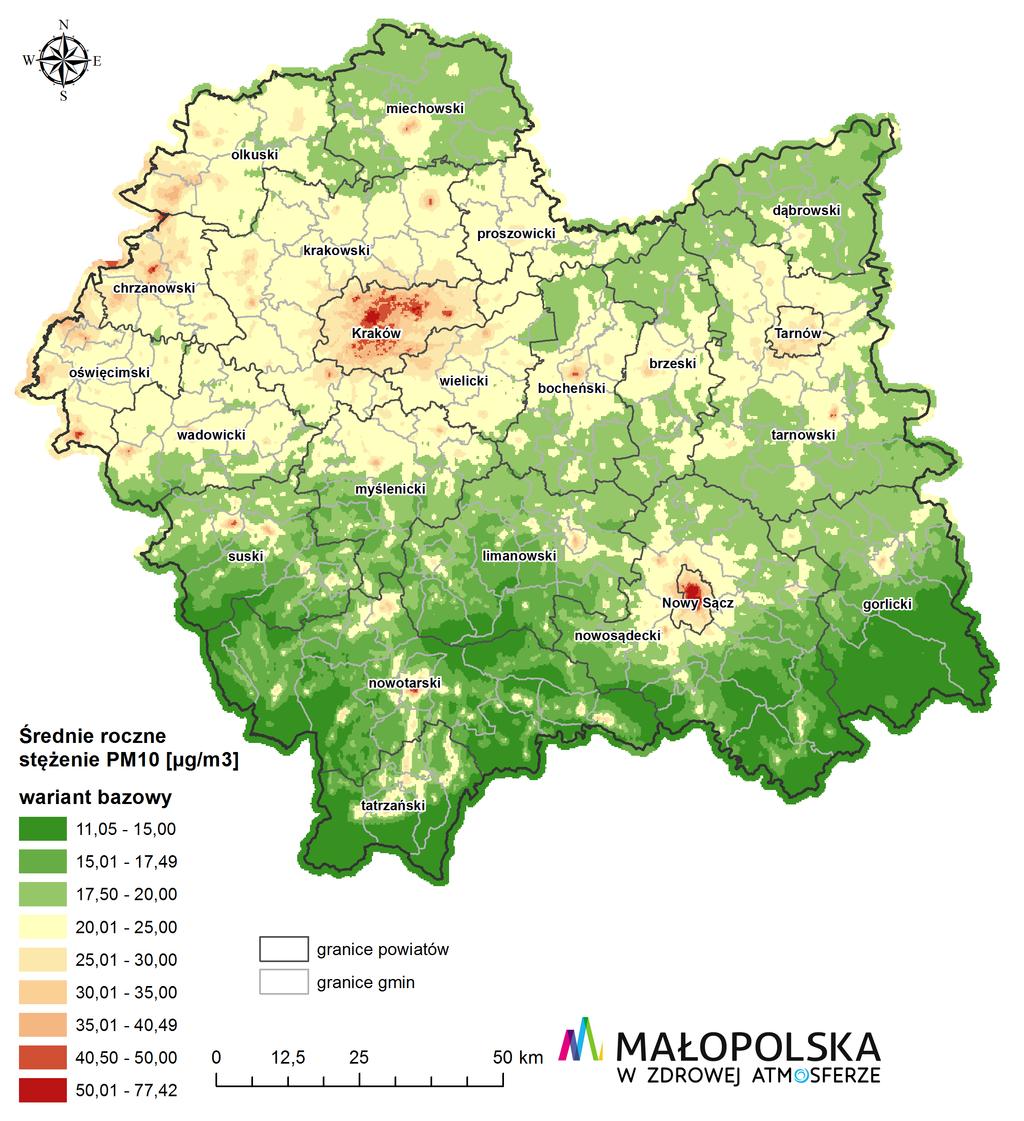 Mapa 11. Rozkład stężeń średniorocznych pyłu PM10 w województwie małopolskim w 2015 r. 8 Norma stężeń średniorocznych pyłu PM2,5 stale ulega zaostrzaniu.