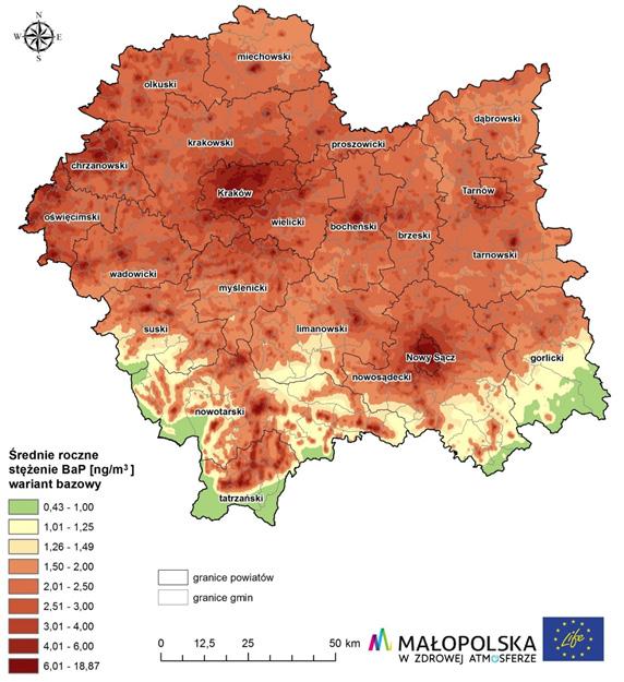 Mapa 13. Rozkład stężeń średniorocznych benzo(a)pirenu w województwie małopolskim w 2015 r.