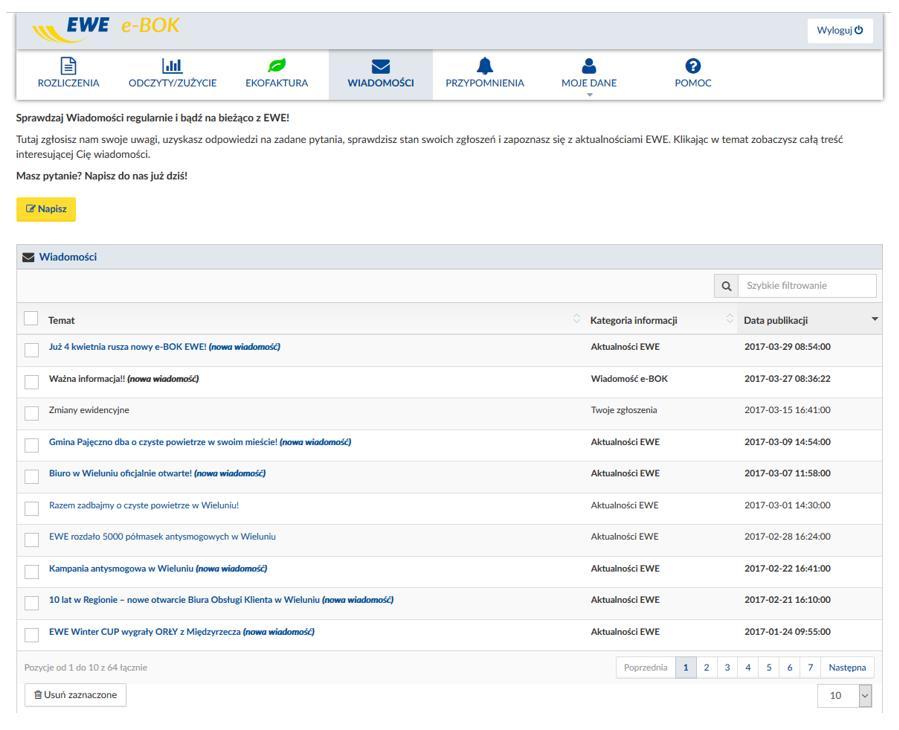 4. Wiadomości Tutaj Użytkownik skontaktuje się z EWE klikając w button, a także sprawdzi odpowiedź na swoje zgłoszenie, aktualności EWE i wiadomości systemu e-bok.