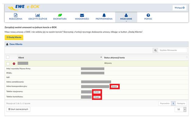 6.2. Dane klienta Zakładka prezentuje dane Klienta wynikające z umowy zawartej z EWE, umożliwiając mu jednocześnie zmianę numeru telefonu oraz adresu korespondencyjnego.