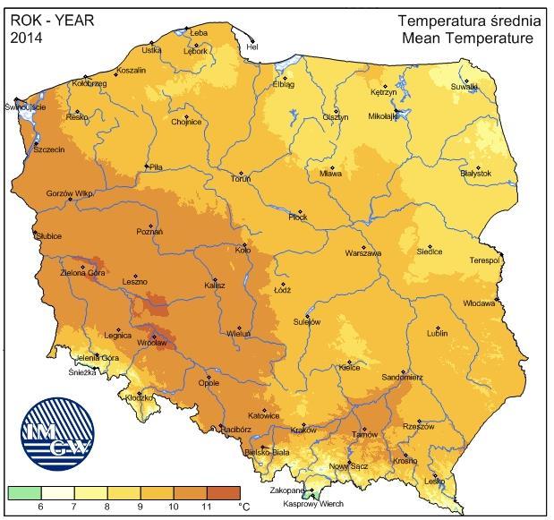 Średnia temperatura miesięcy zimowych jest najniższa w województwie oraz w Polsce z wyłączeniem terenów górskich. Średnia roczna temperatura powietrza w 2014 r. wynosiła 7,8 0 C.