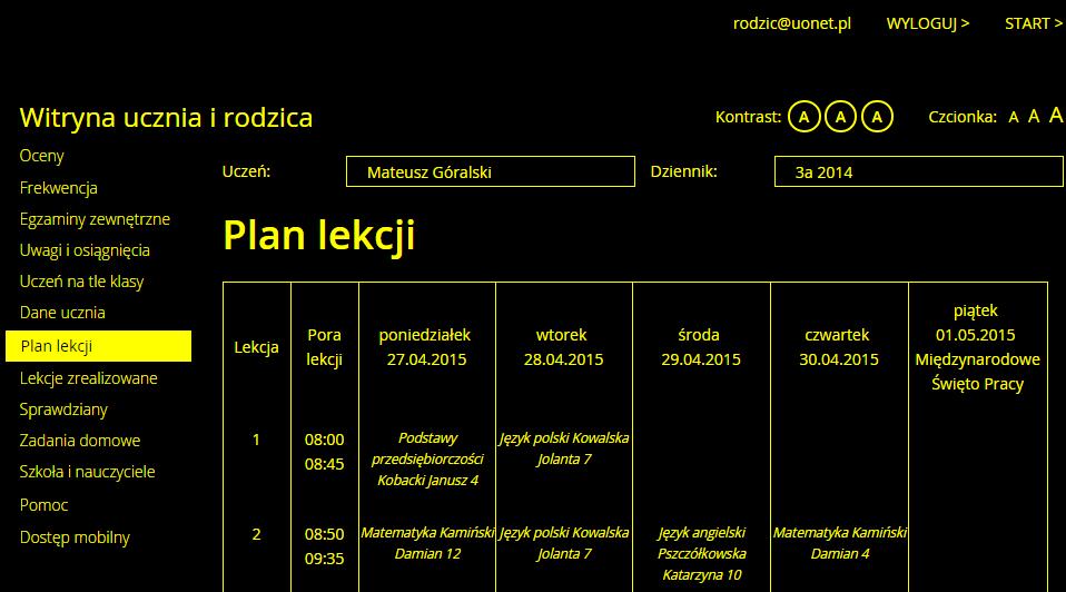 Podstawowe informacje o module Uczeń Korzystanie z możliwości powiększenia czcionki Aby powiększyć