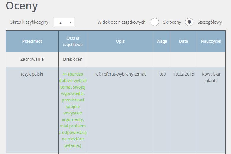 Przeglądanie informacji o uczniu Widok szczegółowy oceny: Widok