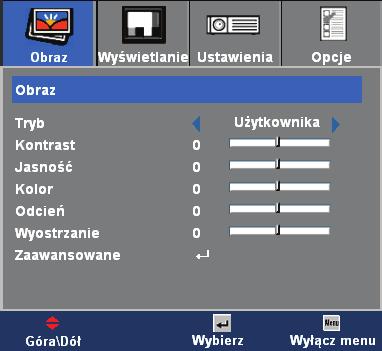 Elementy sterowania użytkownika Obraz Tryb Dostępnych jest wiele wstępnych ustawień fabrycznych, zoptymalizowanych dla różnych typów obrazów. Kinowy: Do kina domowego.