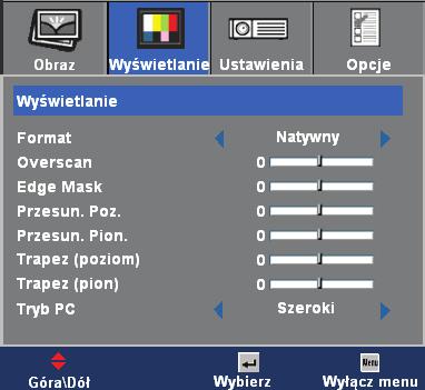 16:9: Ten format jest przeznaczony do źródeł wejścia 16x9, takich jak HDTV i DVD, rozszerzonych do telewizji szerokoekranowej.