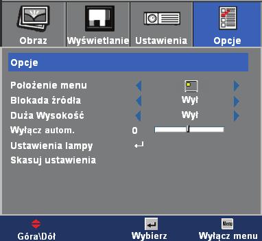 Elementy sterowania użytkownika Opcje Położenie menu Wybór położenia menu na wyświetlanym ekranie.