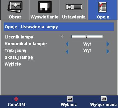 Elementy sterowania użytkownika Opcje Ustawienia lampy Licznik lampy Wyświetla skumulowany czas działania lampy.
