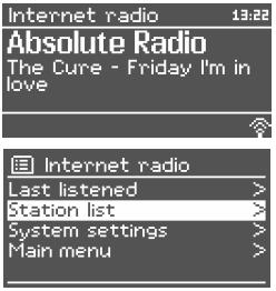Radio internetowe: Odtwarzacz może odbierać tysiące stacji radiowych z całego świata. Po wybraniu trybu radia internetowego, urządzenie pobiera listę stacji z portalu Frontier Silicon.