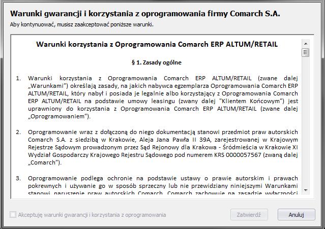 Rys. 54 Umowa licencyjna 5.1.1 Konfiguracja konwersji cech W przypadku aktualizacji systemu wykonywana jest konwersja baz danych firmowej i konfiguracyjnej.