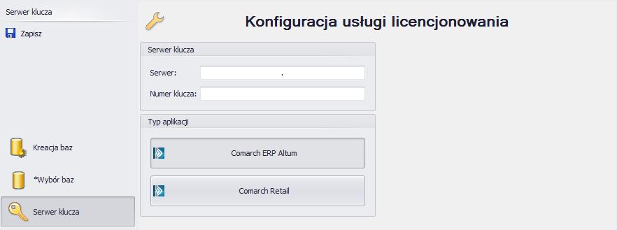 5.2.2 Konfiguracja usługi licencjonowania Na zakładce Serwer klucza należy podać nazwę serwera, na którym został zainstalowany Comarch ERP Menadżer Kluczy oraz numer klucza licencyjnego.