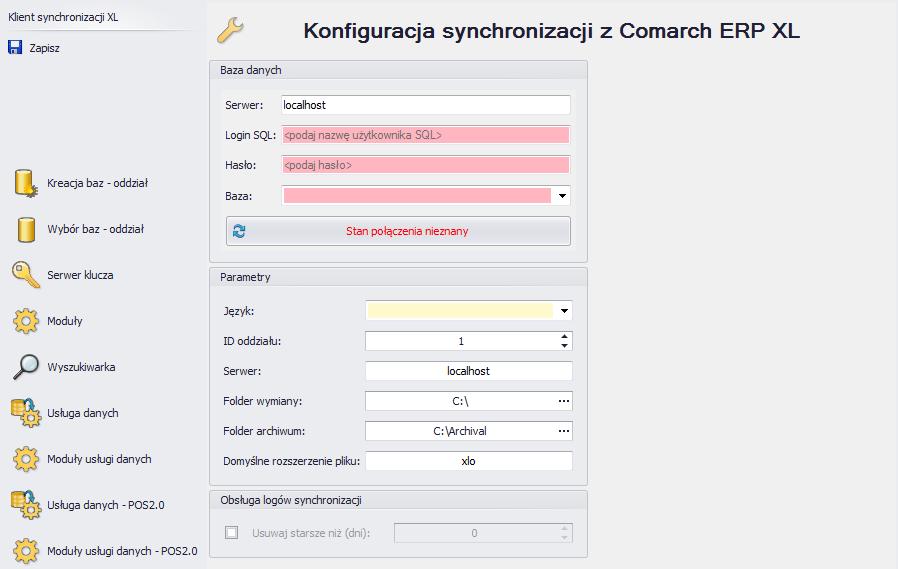 Rys. 70 Konfiguracja synchronizacji z Comarch ERP XL Następnie w sekcji Parametry należy podać ID oddziału, nazwę serwera SQL, lokalizację pliku wymiany, lokalizację folderu dla archiwalnych plików