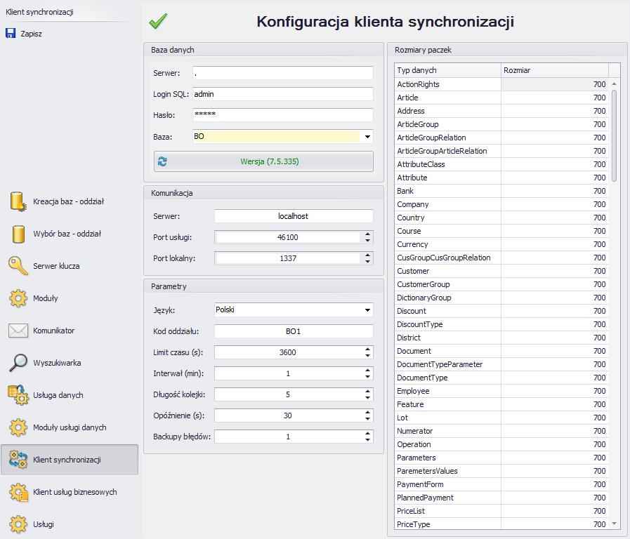 7.3 Konfiguracja Retail Backoffice Serwer do pierwszej synchronizacji Po instalacji komponentu Retail Backoffice Server należy za pomocą konfiguratora wykreować bazę konfiguracyjną i firmową.