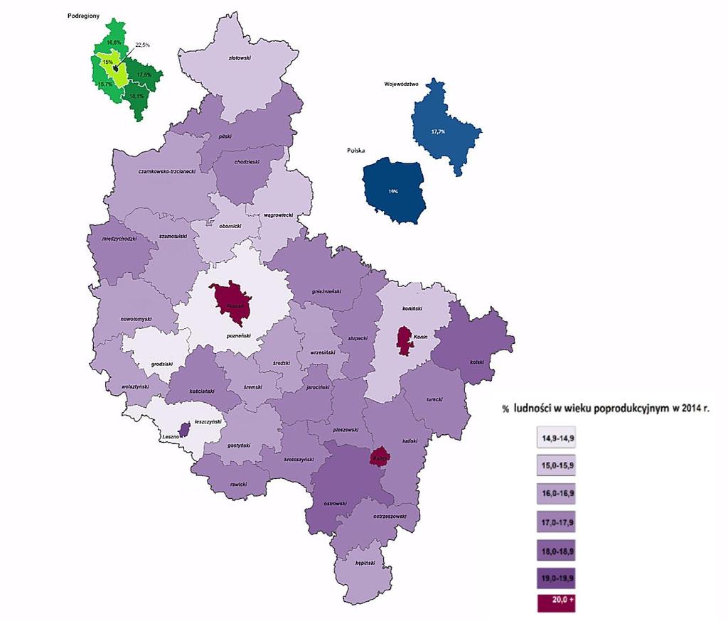 Odsetek ludności starszej (w wieku poprodukcyjnym) w wybranych przekrojach terytorialnych w 2014 r.