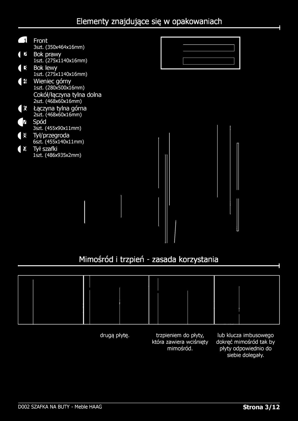 (468x60x16mm) ^ 7 Spód 3szt. (455x90x11mm) ^ 8 Tył/przegroda 6szt. (455x140x11mm) [ 9 Tył szafki 1szt.