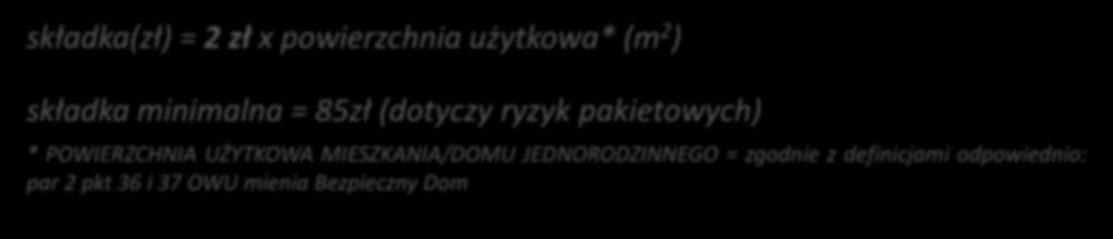 Umowa pakietowa - wariant podstawowy Zakres i składka ubezpieczenie ZAWARTOŚCI DOMU LUB MIESZKANIA* czyli: 1) stałych elementów i ruchomości od ognia i innych zdarzeń 2) stałych elementów i