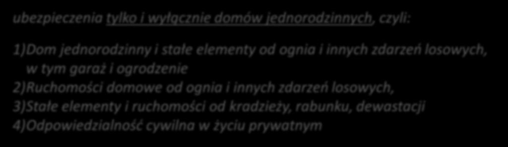 Umowa pakietowa wariant pełny Zakres i składka ubezpieczenia tylko i wyłącznie domów jednorodzinnych, czyli: 1)Dom jednorodzinny i stałe elementy od ognia i innych zdarzeń